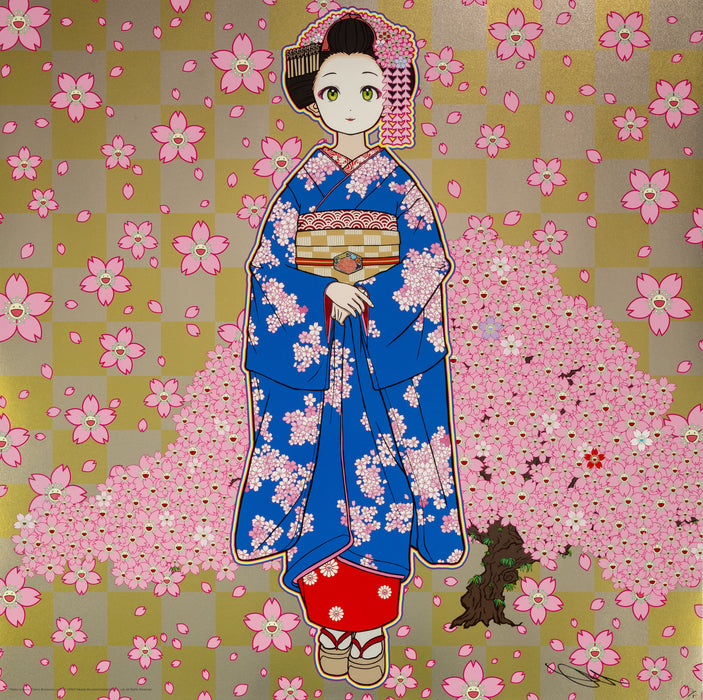 Maiko in Kyoto, Cherry Blossoms on Blue