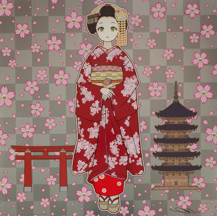 Maiko in Kyoto, Cherry Blossoms on Red