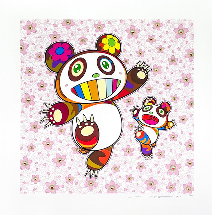 Panda Parent and Cub in a Shower of Cherry Blossoms (Silkscreen)