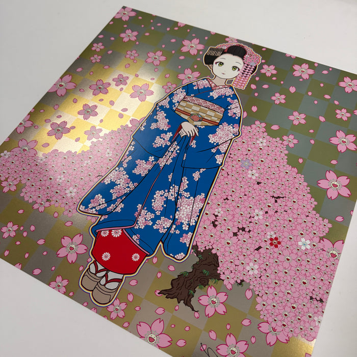 Maiko in Kyoto, Cherry Blossoms on Blue