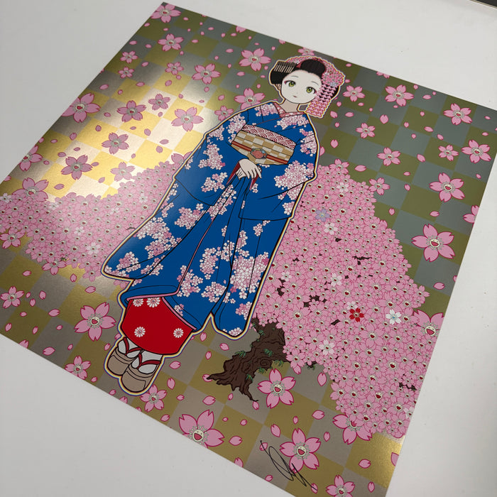 Maiko in Kyoto, Cherry Blossoms on Blue