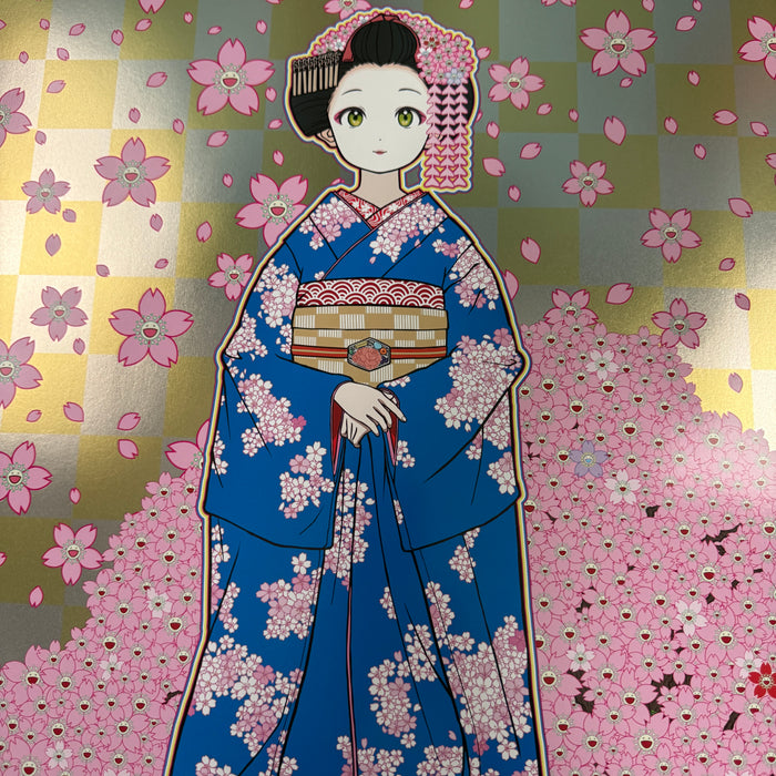 Maiko in Kyoto, Cherry Blossoms on Blue