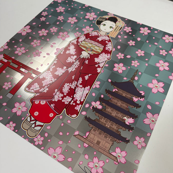 Maiko in Kyoto, Cherry Blossoms on Red