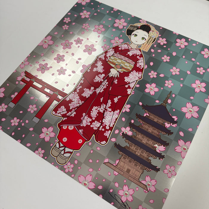 Maiko in Kyoto, Cherry Blossoms on Red