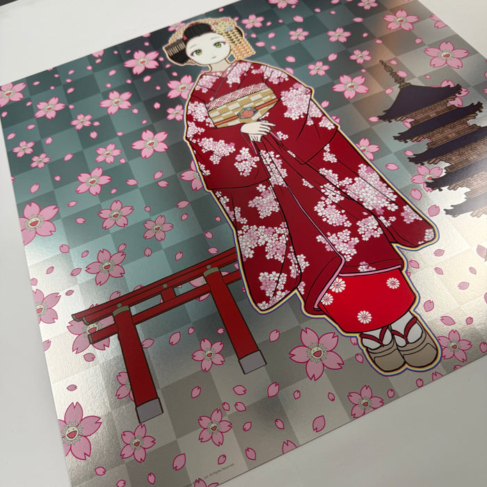 Maiko in Kyoto, Cherry Blossoms on Red