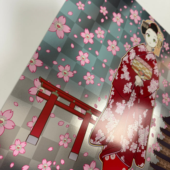 Maiko in Kyoto, Cherry Blossoms on Red