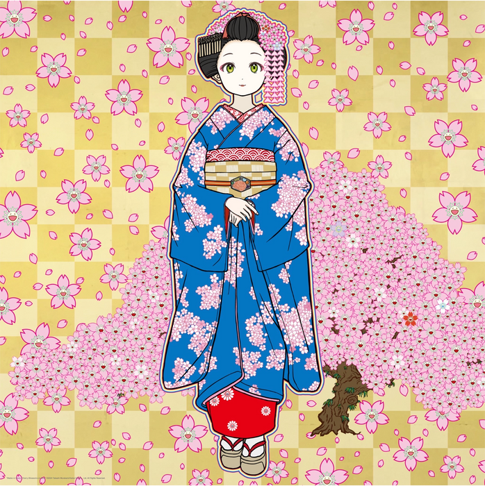 Maiko in Kyoto, Cherry Blossoms on Blue