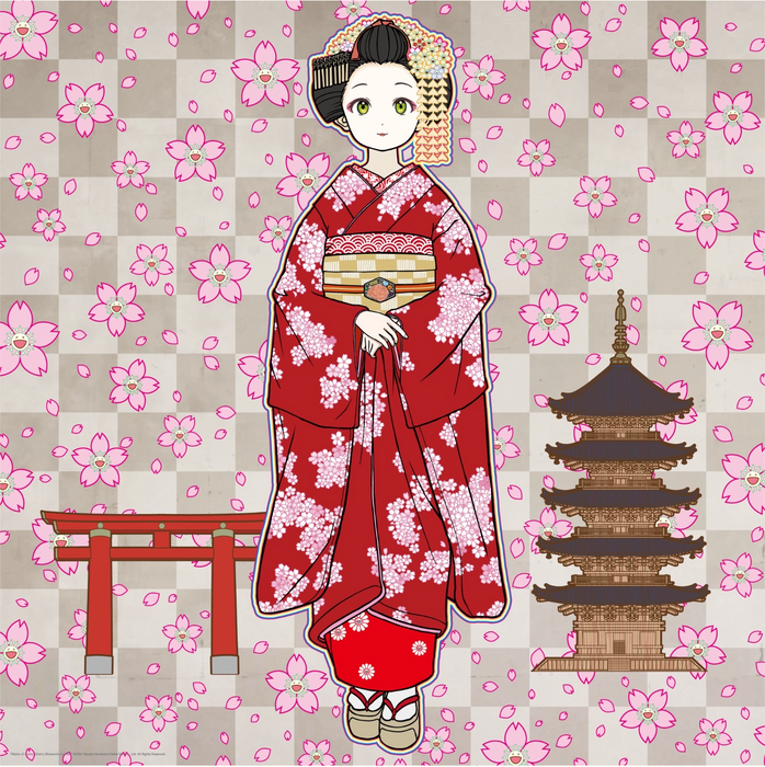 Maiko in Kyoto, Cherry Blossoms on Red